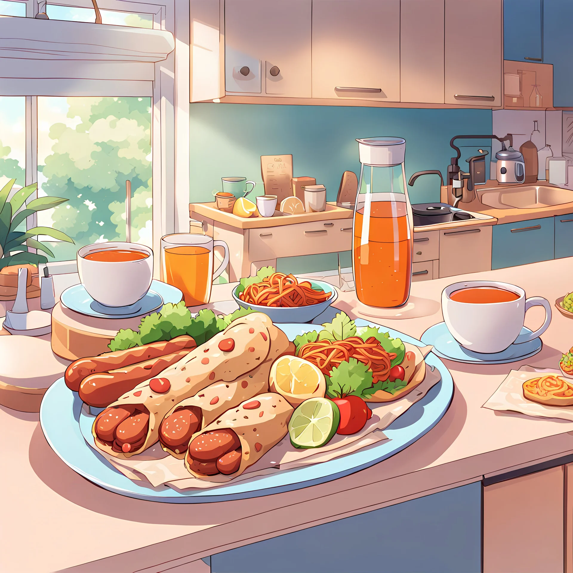 anime artwork {Chicken wraps and sausages with tea. The food is served on the kitchen counter in a cozy appartment} . anime style, key visual, vibrant, studio anime, highly detailed