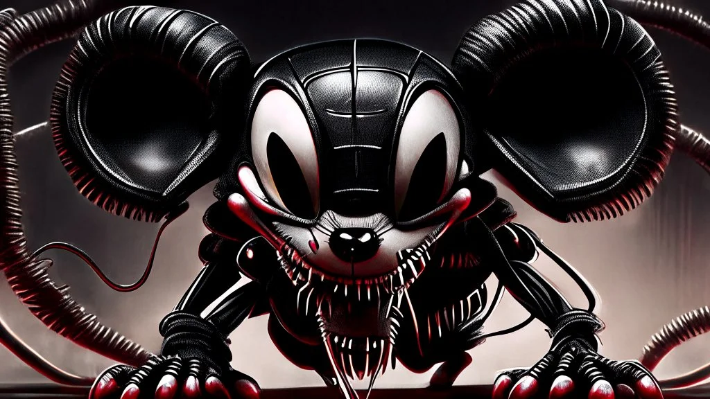 a spider mickey mouse hybrid, photorealism, movie screen capture, horror, sci-fi, retrofuturism, evil, demon-like