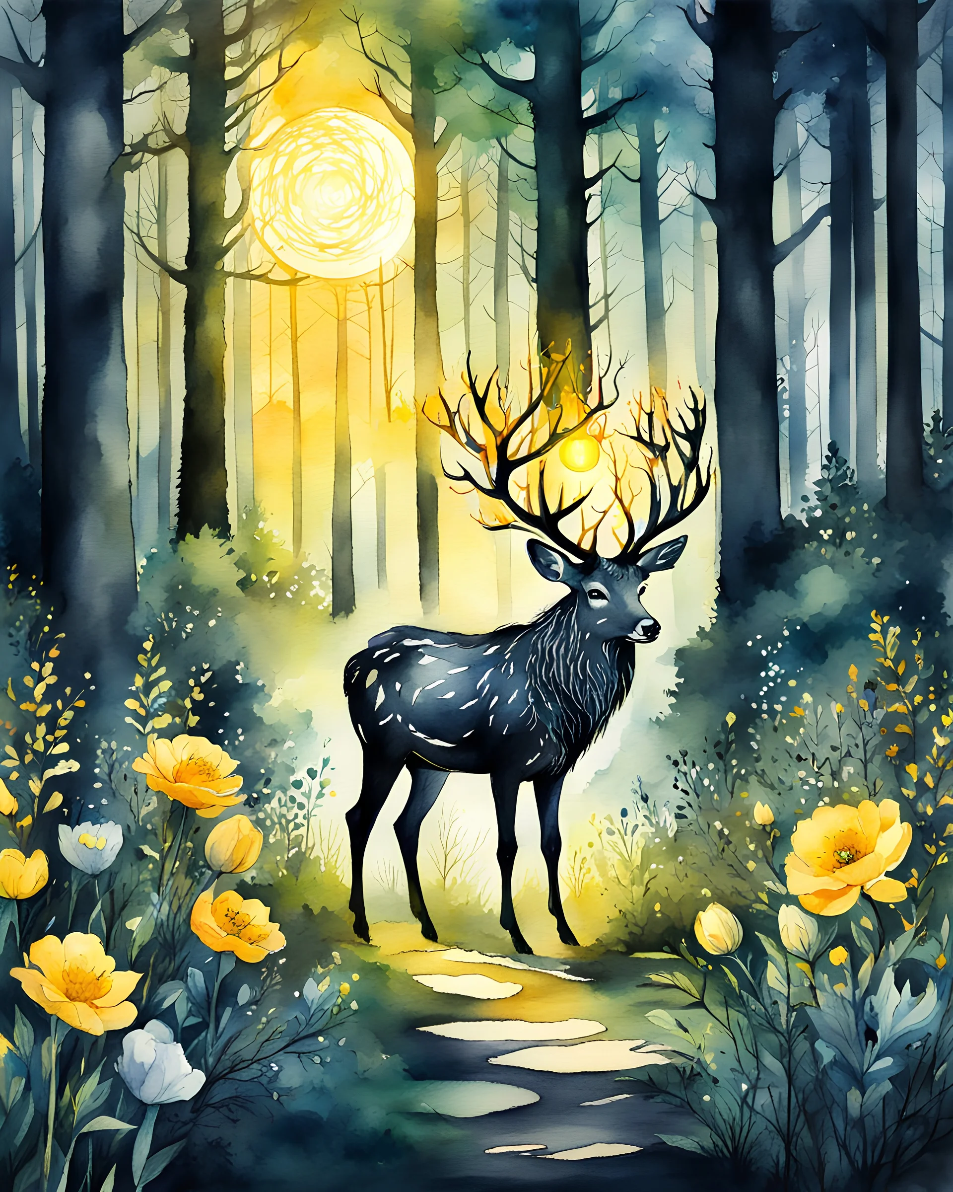 Mystical illuminate stag, yellow glowing light, Overgrown forest classroom, flowers, inkwell, watercolor