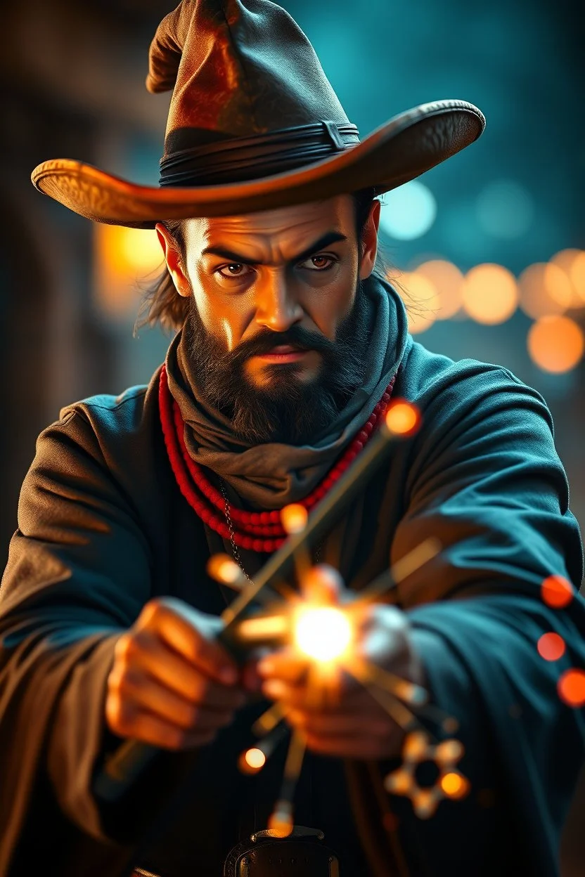 Mexican fast draw cowboy wizard wand slinger ,bokeh like f/0.8, tilt-shift lens 8k, high detail, smooth render, down-light, unreal engine