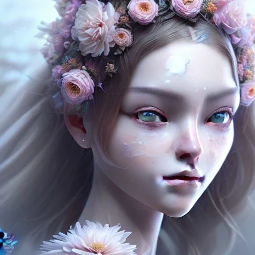  full Closeup face portrait of a girl wearing crown of flowers, smooth soft skin, big dreamy eyes, beautiful intricate colored hair, symmetrical, anime wide eyes, soft lighting, detailed face, by makoto shinkai, stanley artgerm lau, wlop, rossdraws, concept art, digital painting, looking into camera