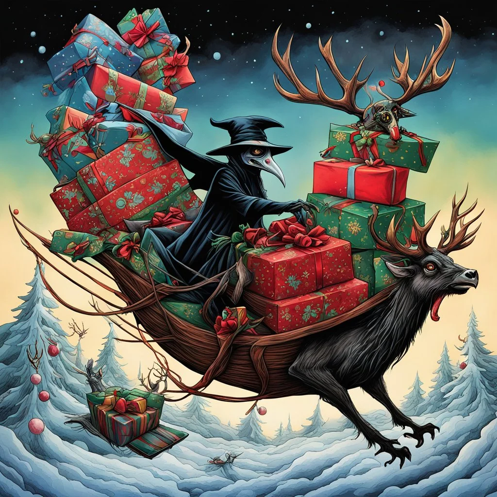 Surreal Plague Doctor Santa driving sleigh with pile of sinister looking presents in back, sleigh flying through sky led by undead reindeer, Style by Gerald Scarfe, by David Wiiesner, by Jeff Soto, surreal masterpiece, color ink illustration, sharp focus, dark colors, smooth, expansive, maximalist, psychedelic