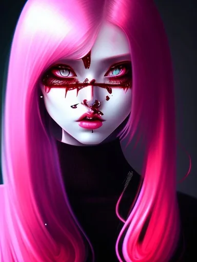 girl angry, beautiful, cute, blood on face, long pink hair, black sweater