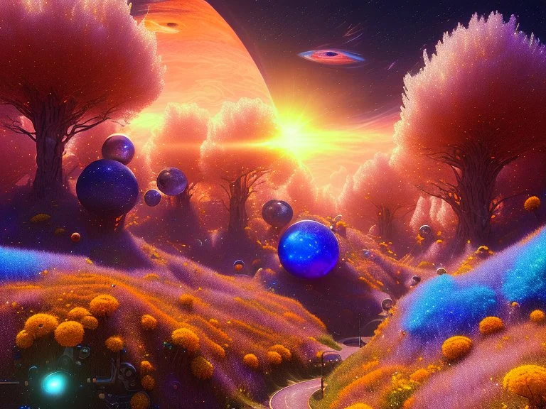 orange and blue crystal cosmic and galactic ambiance hill sky sunny flowers trees landscape, full of details, smooth, bright sunshine，soft light atmosphere, light effect，vaporwave colorful, concept art, smooth, extremely sharp detail, finely tuned detail, ultra high definition, 8 k, unreal engine 5, ultra sharp focus