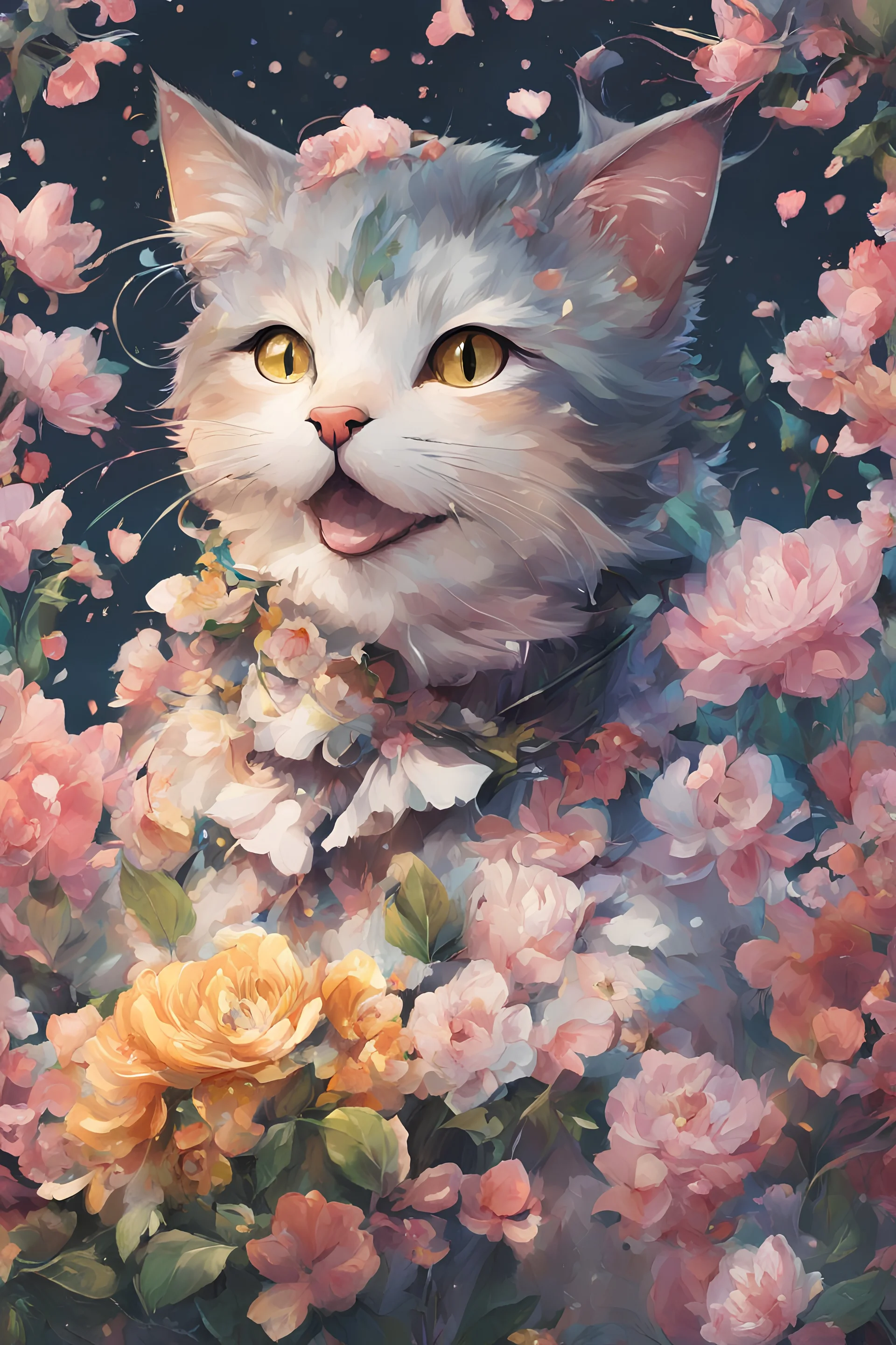 high resolution,best quality anime, highres,Full Body, 8k character concept,8k, pixiv, illustration, ultra-detailed, face focus,Line Art,Ink,acrylic painting,pastel painting,mysterious,elaborate,dof,Laughing cat with a bouquet of flowers,confetti of flowers, kawaii, thick eyebrows, smile, pastel colors, pop art, anime style, very delicate brushwork, clear, vivid, face Clear