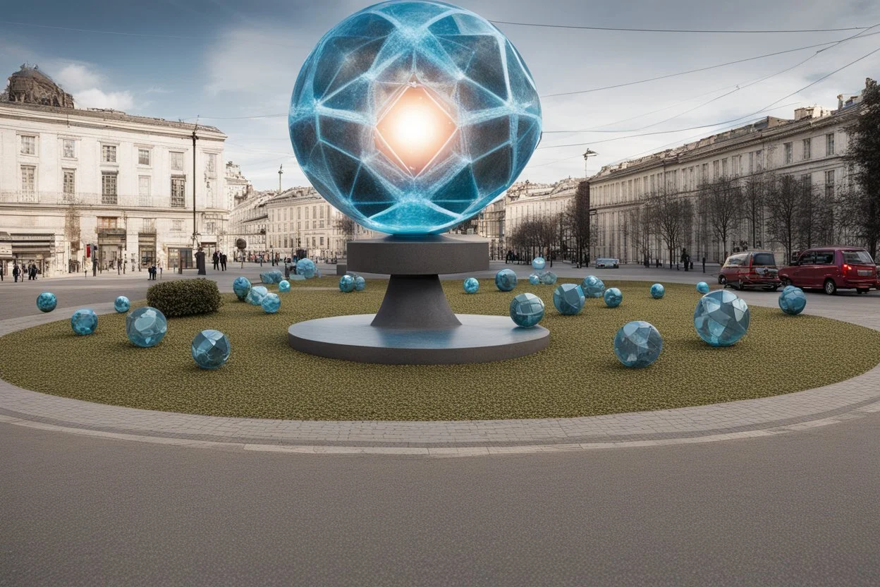 статуя на улице, Шар как атом/молекула: Сделать поверхность шара похожей на модель атома или молекулы, используя геометрические формы, светящиеся элементы или проекцию. . Для этого можно использовать различные геометрические формы, такие как круги, треугольники, шестиугольники и т. д., чтобы создать абстрактное изображение структуры атома или молекулы. Кроме того, возможно использование светящихся элементов, чтобы придать статуе особую магическую атмосферу и привлечь внимание прохожих ночью.