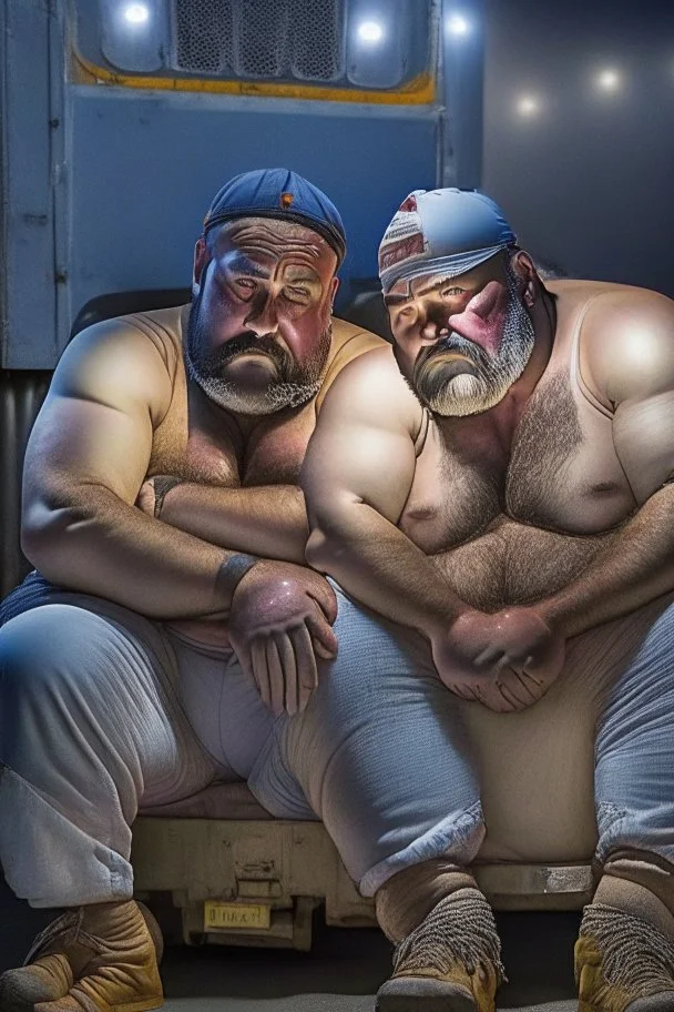 close up photography of two burly chubby strong turkish truck drivers 48 years old, shirtless with boxer ,bulge, manly chest, muscular, long beard, at midnight , sitting outside near his truck, open legs, dim lights, ambient occlusion, side light , photorealistic, view from the ground