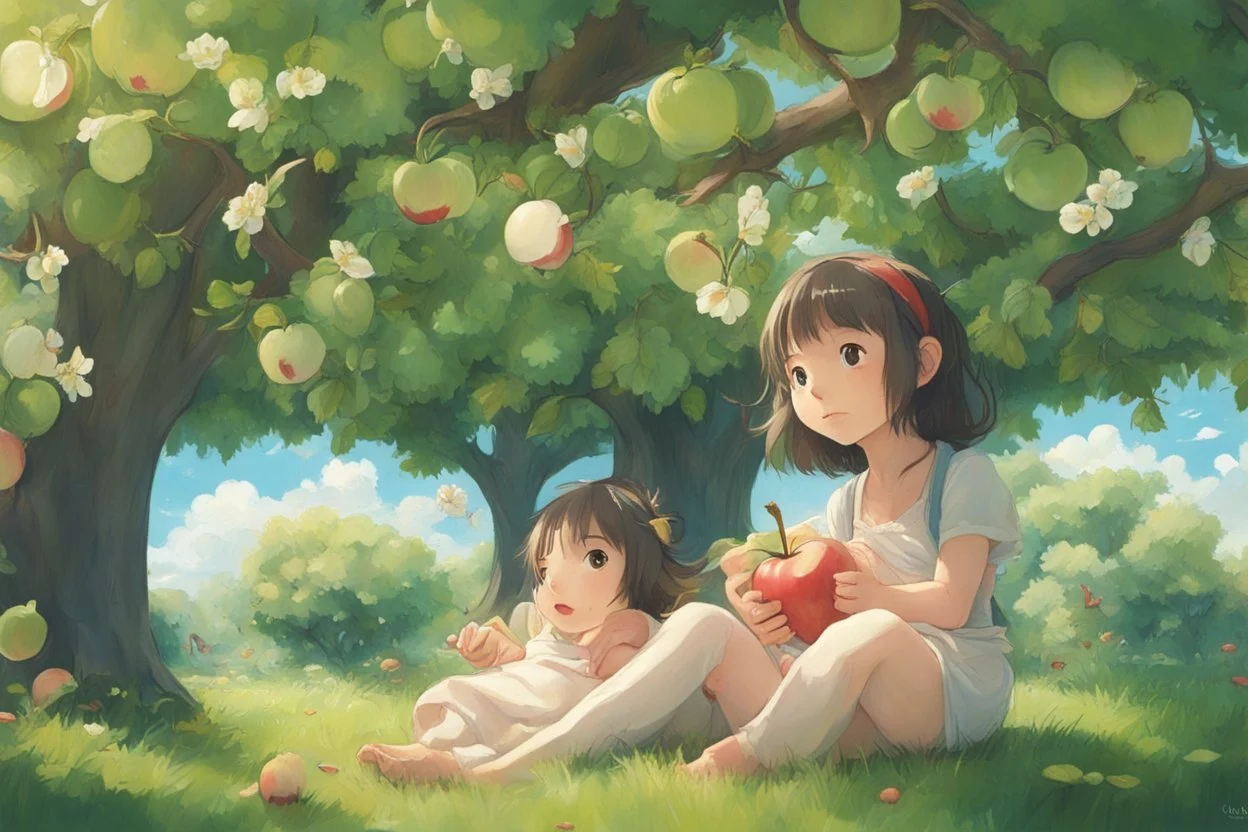 under an apple tree in summer. like studio ghibli