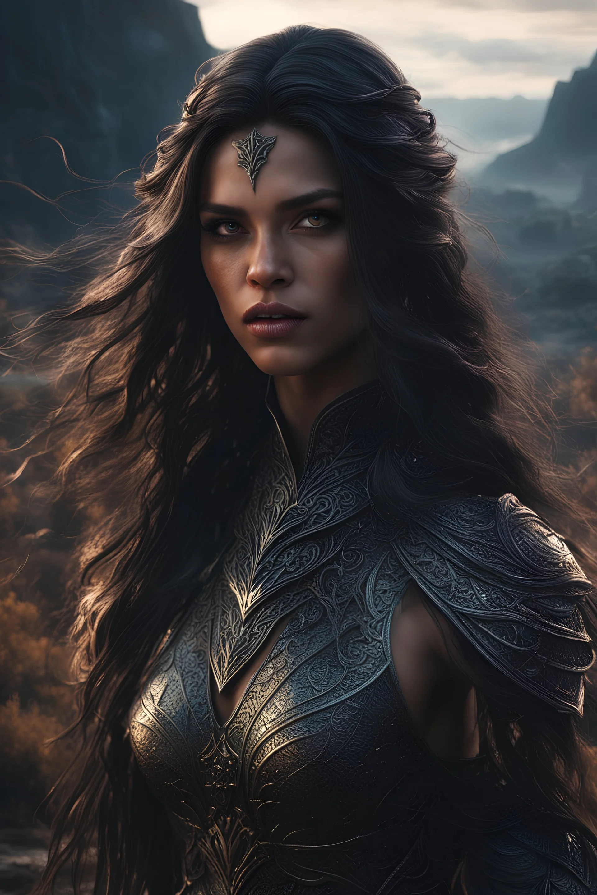 Epic magical scene in a fantasy Landscape, Insanely detailed female body, in different cinematic model scene, detailed eyes, very long hair, angry and intimidating, dark fantasy, dark comics, perfect composition, beautiful detailed intricate insanely detailed octane render trending on artstation, 8k artistic photography, photorealistic concept art, soft natural volumetric cinematic perfect light, chiaroscuro, beksinski, greg rutkowski