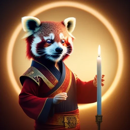 a cute litte red panda wearing Hanfu, holding a large candle, BK complex detail, cinema, reality, detail, octane rendering, stoic cinematic 4k epic detailed photograph shot on kodak detailed bokeh cinematic hbo dark moody 8k, 85mm f/16 by leica