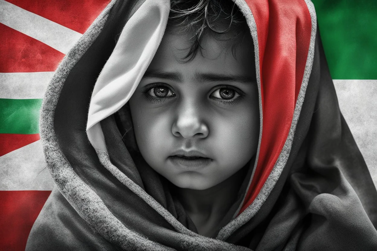 A crying Palestinian child in a broken hospital, Palestine flag, neon effect , close picture, highly detailed, high details, detailed portrait, masterpiece,ultra detailed, ultra quality