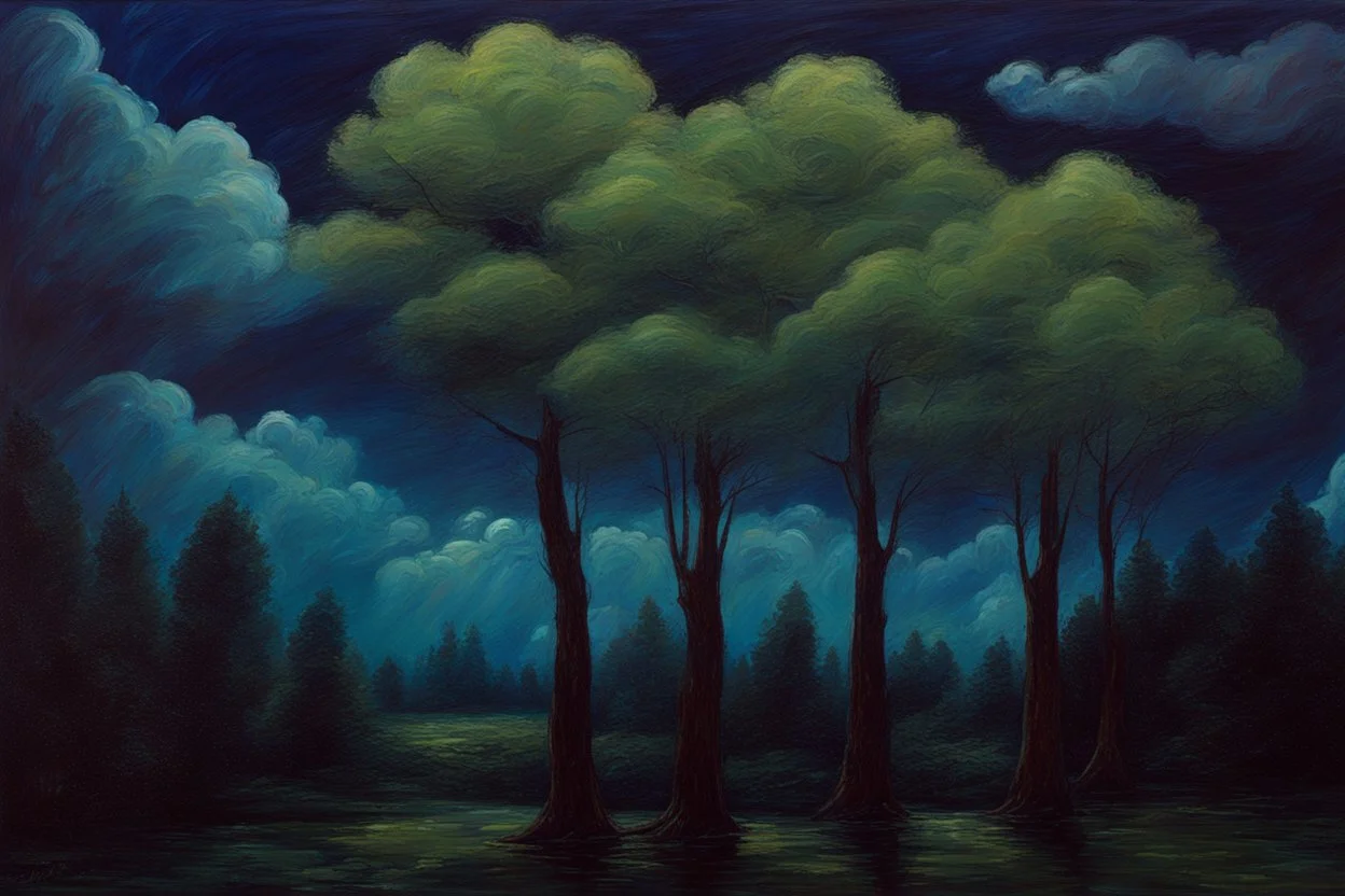 Trees, night, clouds, 2000's sci-fi movies influence, rodolphe wytsman impressionism painting