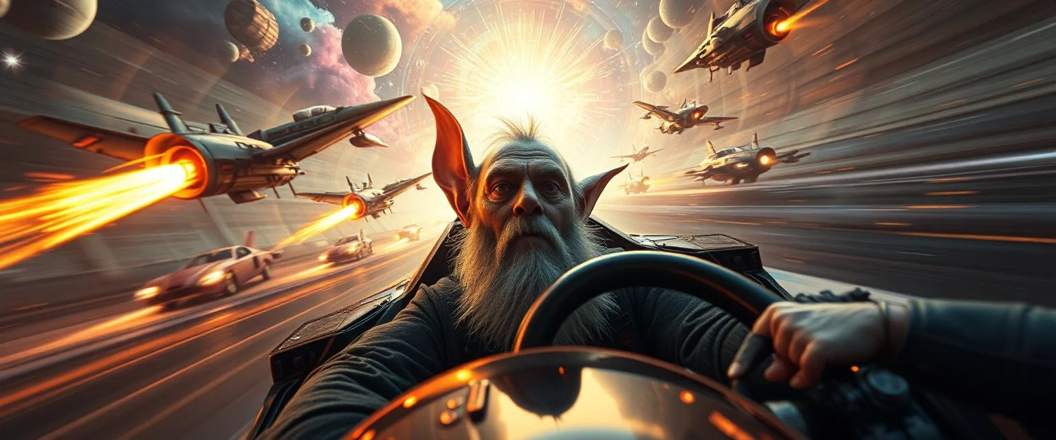 etheral astral weird perspective worried yoga vin diesel legend race car racing with huge g force against spaceships going sideways in ramp driver close up portrait of dj magic kobold gremlin farmer pilot looking down on cam, with background in the style of escher and giger, a chill contrapunctus fugue in the style of fsol, beethoven, goa trance breaks, dancefloor drum and bass, burning cars, fire storm lightening, and explosions, and stars and glitter