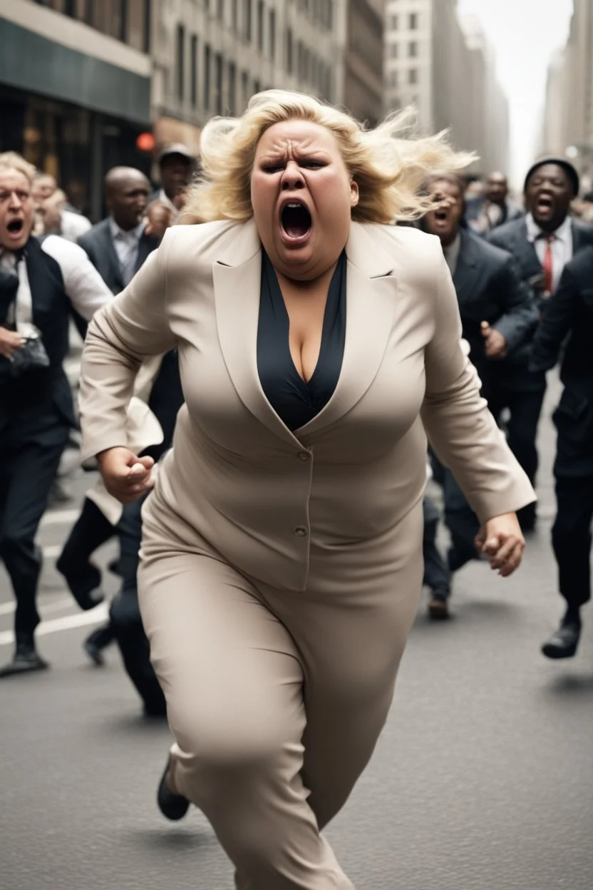 an obese terrified blonde woman crying and sobbing in a pant suit desperately running away from an angry mob of thousands of black people chase her down a city street