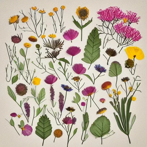 delicate arrangement of pressed flowers, beautiful composition, aesthetic layout, wildflowers, fine lineart