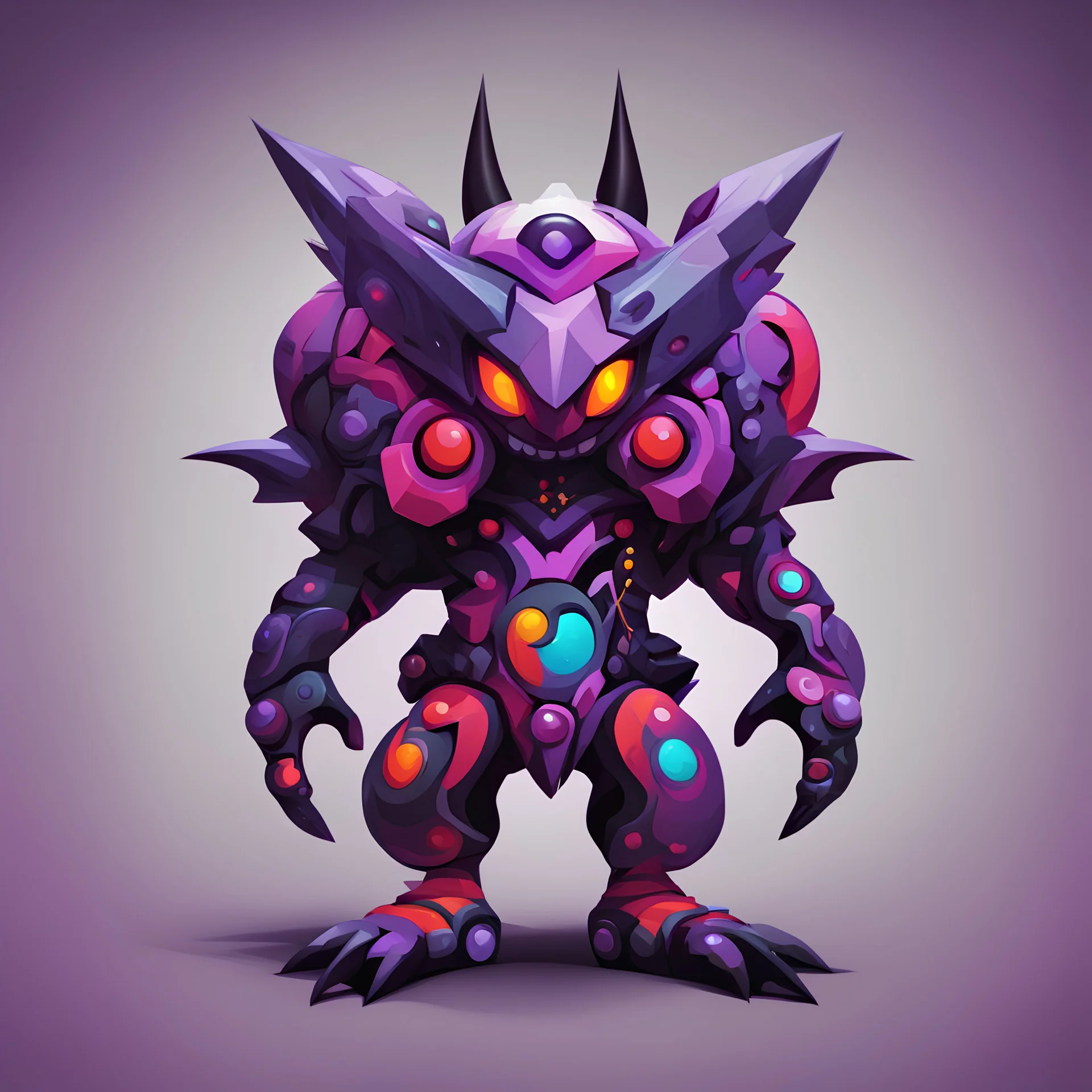 Abbadomon Core with black crimson and dark-purple color palette in toyism art style