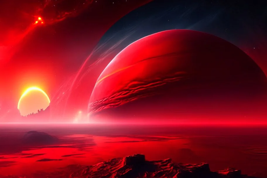 red exoplanet in the horizon, stars, stream, clouds, fantasy, sci-fi, hd.