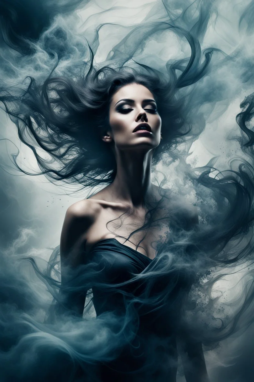 A beautiful mysterious woman, abstract image showing her chaotic life, chaos, stormy, smoky, 8k, exceptional beauty