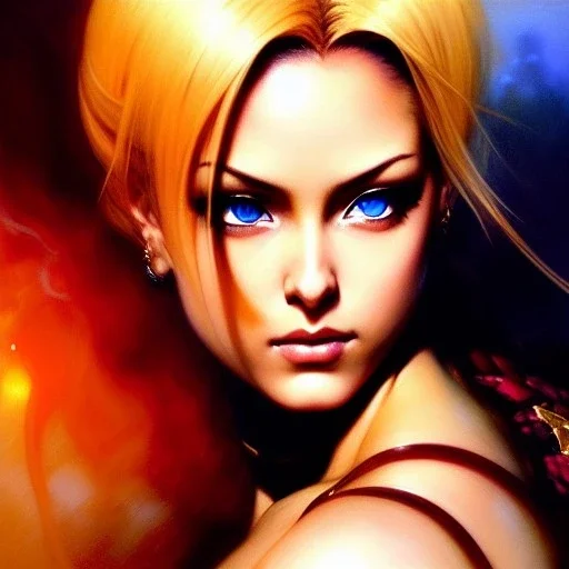 Drawing of beautiful face,busty Cammy-street fighter,intense stare,Minimal ancient armor, balanciaga fashion clothe painting by gaston bussiere, greg rutkowski, yoji shinkawa, yoshitaka amano, tsutomu nihei, donato giancola, tim hildebrandt, oil on canvas, cinematic composition, extreme detail,fit full head inside picture,16k