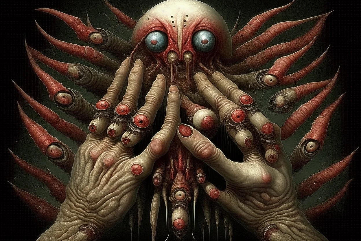 thousand creepy fingers and thousand creepy eyes in artistic form by Chet Zar and Anton Semenov and Michael Hussar spine-chilling mind-bending in a style of Dec-Art thousand opened eyes - XENO digital art All in one : hyper realistic fantasy eerie fusion of monster and earthworm JIM and Clownfish and Grumpy Cat and alien into one with a thousand creepy fingers, levitating, albino, sharp digital painting, video game digital art, anthropomorphic space shark, trevor phillips, cute little troll,