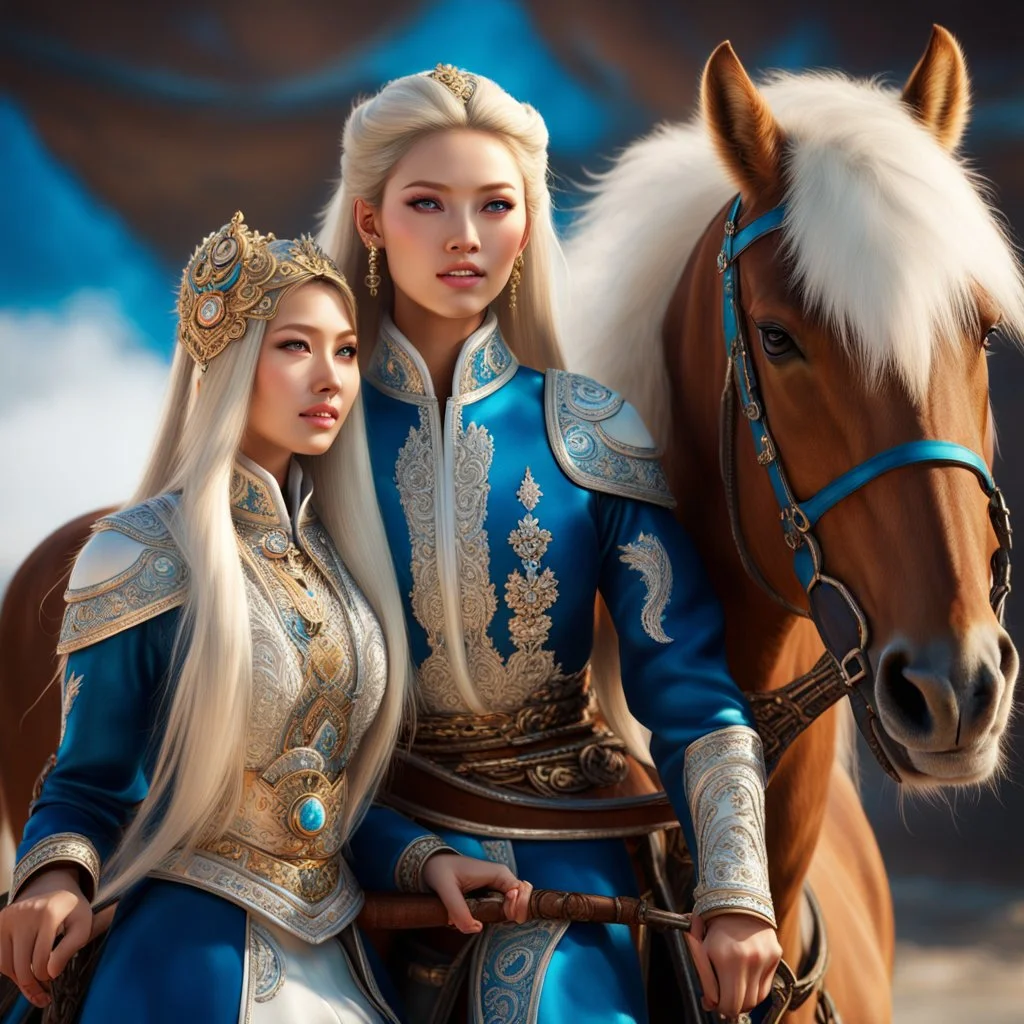 (masterpiece, best quality, 8k, RAW photo, beautiful and aesthetic:1.2), complex detail, Indirect light, photorealistic, (((full body))), 2 Gorgeous Cosmic russian asian goddess smiling, long curved blonde hair, blue eyes, Mixed, sci-fi and traditional russian outfit with white furs and chapka, on a horse of fire companion, a colorfull Sci-Fi environment