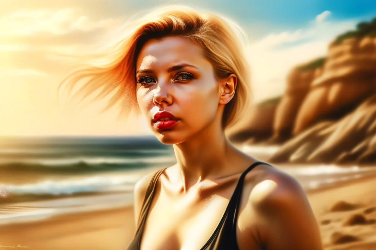 hyper realistic, full body shot of scarlett johansson on beach, Procreate, studio quality, professional, realistic, photo, 8k, ISO 80, depth of field, soft focus, vignetting,whimsical, detailed