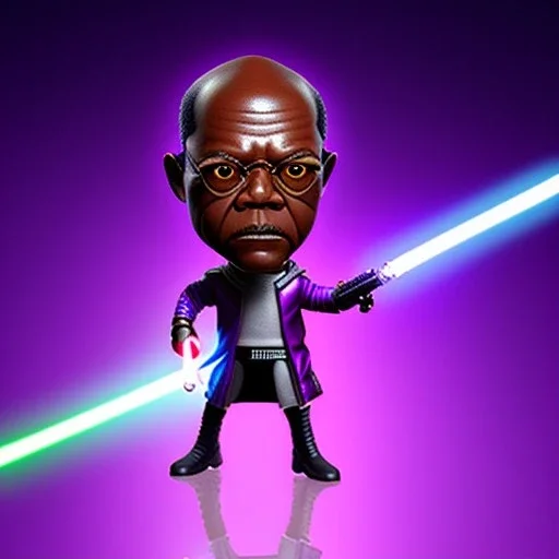 Bald Samuel jackson purple jedi bobblehead with lightsaber that is purple and boots,