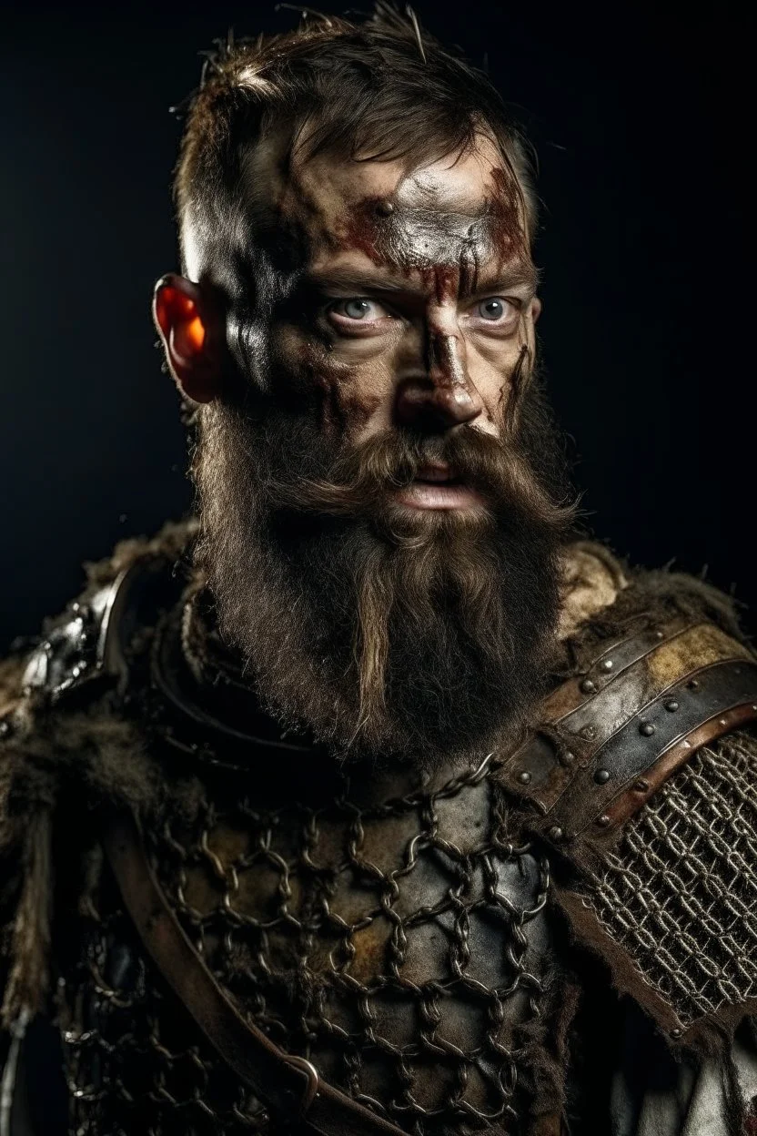 a zombie with a beard and scars, in medieval armour