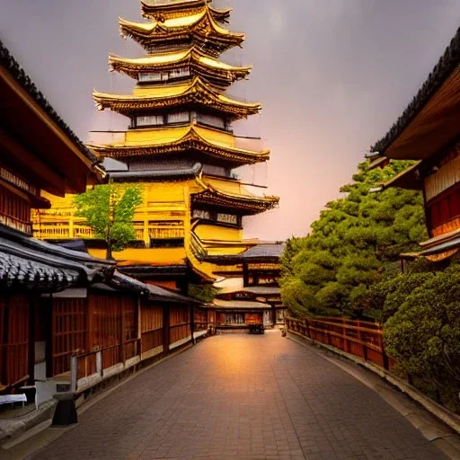 Yasaka Pagoda at the end of Sannen Zaka Street in Kyoto Japan, flickering light, mist, 8k, high-quality, ultrafine-detail, intricate, detailed matte painting, brian froud, howard lyon, anna dittmann, Greg Rutowski, alphonse mucha