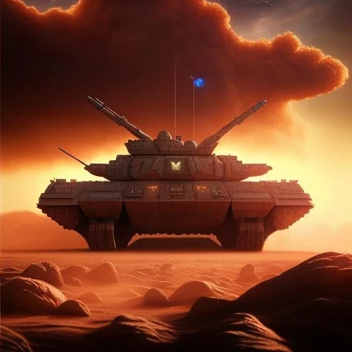 volumetric dramatic desert Battle scene with futuristic hovering military armored Hovercraft tank painted by chris foss, Single Laser turret aiming at camera, floating, 4k, 8k, Minutiae, highly detailed, rivets, hovering, stripes, sunset [duststorm, nimbus clouds]