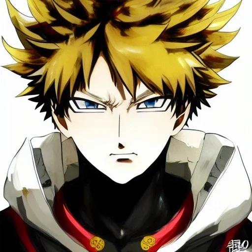 Detailed anime portrait of bakugo from my hero academia, gold hair and golden eyes, black suit, intricate details, full body portrait, keep head in frame, slight smile, black Japanese motif, concept art, highly detailed, digital painting, concept art, sharp focus, illustration, art by Yoji Shinkawa, WLOP and greg rutkowski and alphonse mucha and artgerm and yanjun Chen and Junji ito and Makoto Shinkai, HDR, octane render