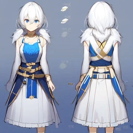 Clear focus, High resolution, rough line sketch art, short fluffy white hair, hair between eyes, fluffy hair, blue eyes, wearing a sleeveless shirt, wearing skirt, detailed outfit, lots of details, bow on belt, white belt, white and blue everywhere on outfit, cut sleeve, yellow chains around outfit, concept art