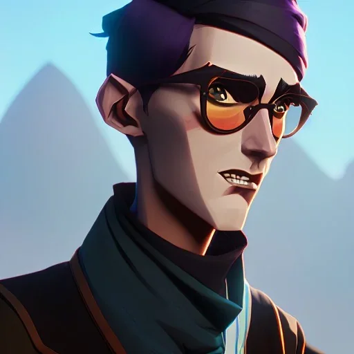 A hipster with a scarf and shades. He is tall, thin, and smirking