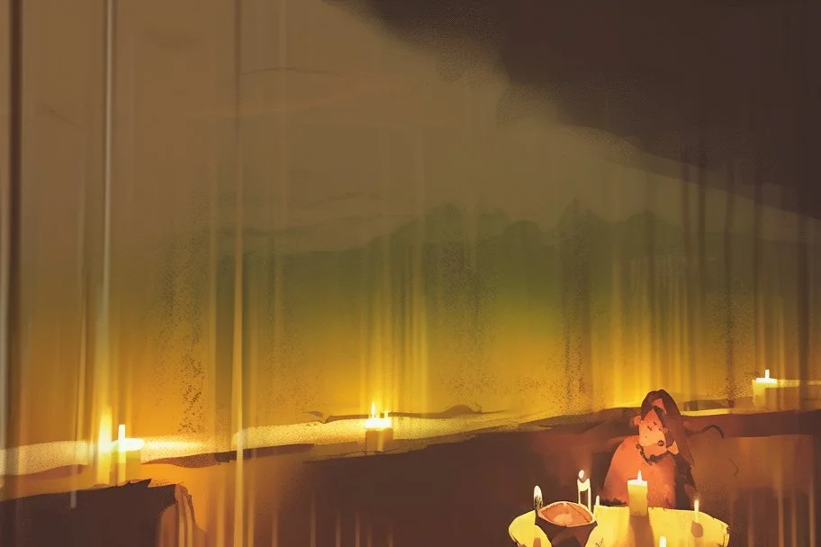 ochre caricarure of dinner in candlelight, double exposure waterfall landscape at night