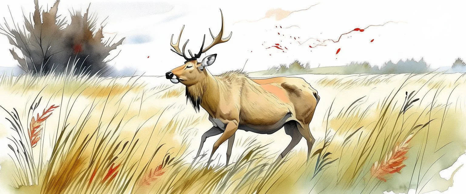 dynamic composition of an Elk off-center in a prairie field, wild grasses and bushes in corners of foreground, wildlife illustration