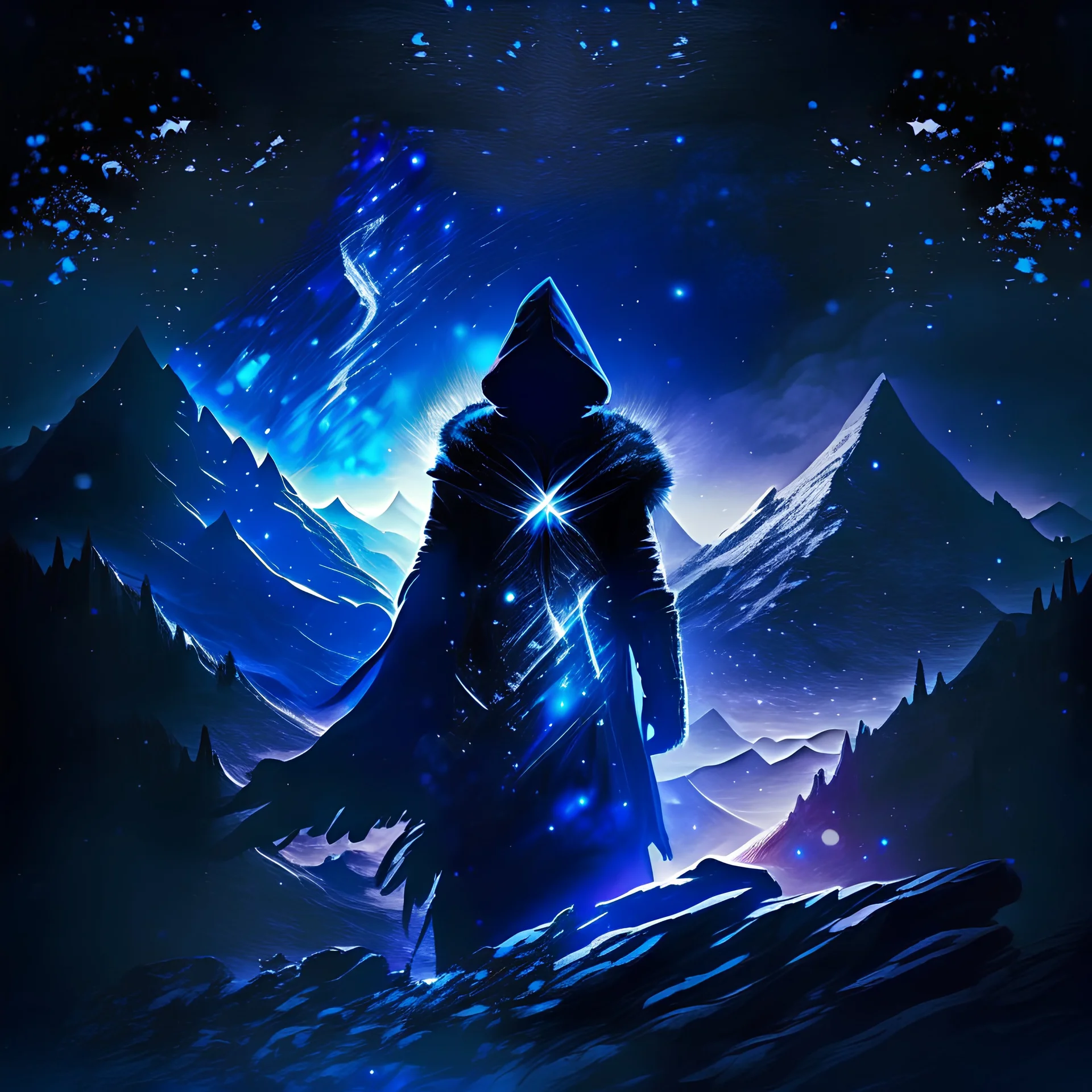 An assassin hiding the shadows, mountains, dark blue glowing light, fantasy, magic, dark, stars, sparkle