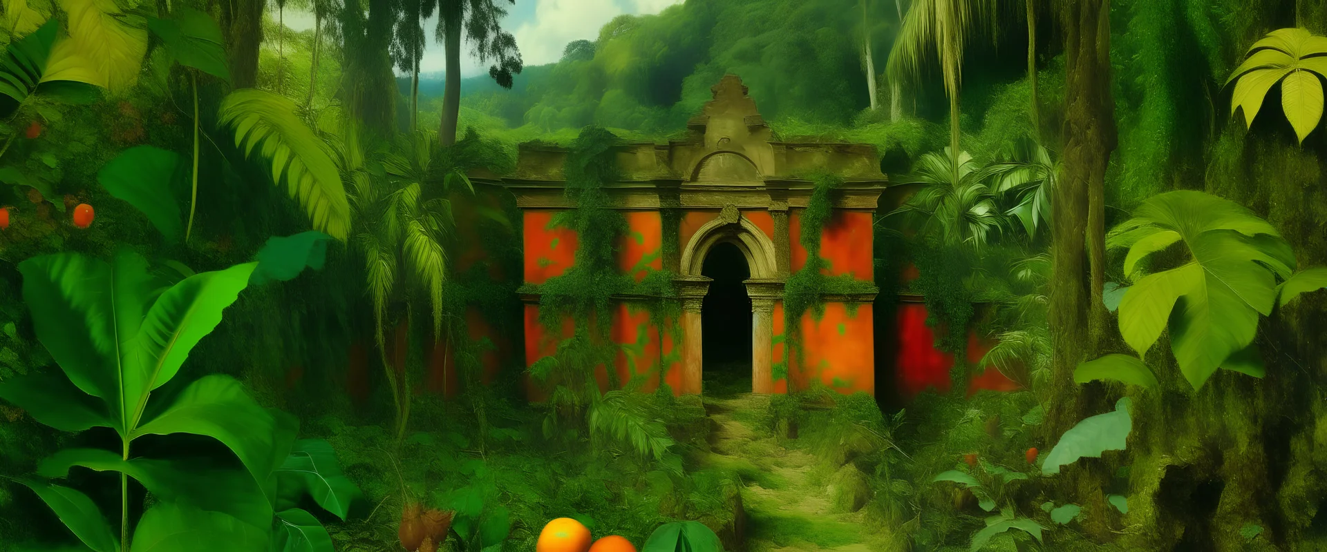 Ruins in a green jungle filled with fruit painted by Frida Kahlo