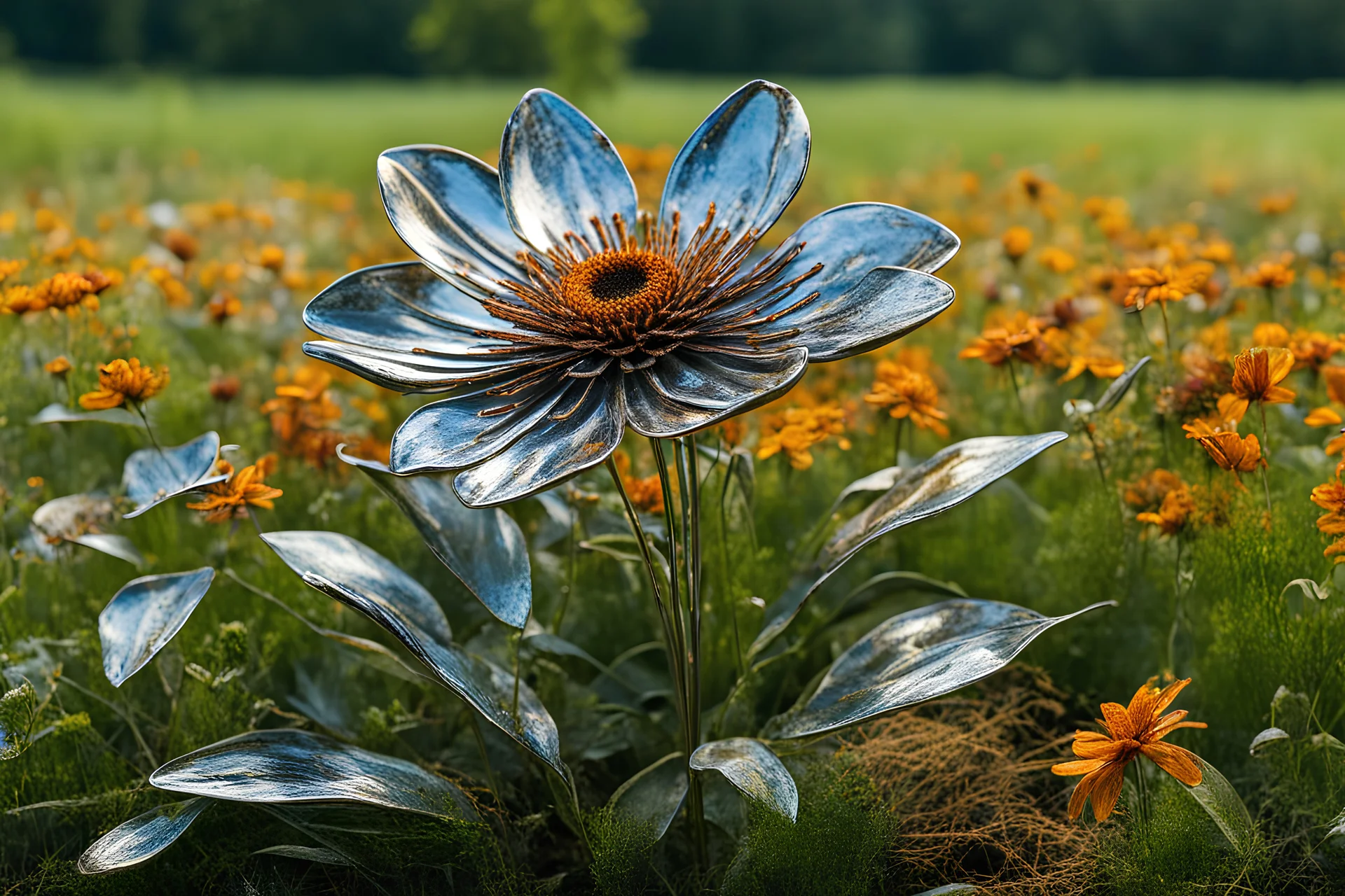 A lifelike thick metal chrome reflecting flower blooms amidst a serene meadow, its intricately woven petals and stem radiating realism and rich detail. some leaves are covered with rust