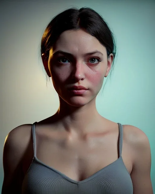 Realistic Waist up Portrait young woman, face muppet, retro style, photo studio, unreal engine 5, god lights, ray tracing, RTX, lumen lighting, ultra detail, volumetric lighting, 3d.