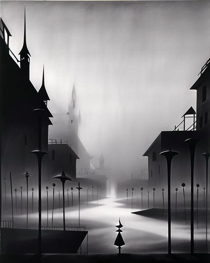 Dark street night figure fog odd Yves Tanguy spooky