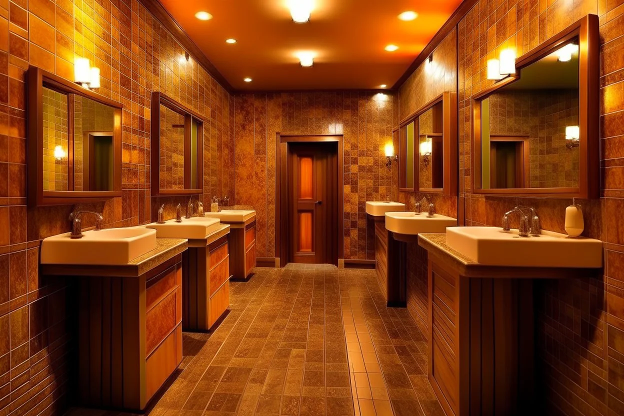 Pictures of a group of bathrooms in Mathaf Restaurant. The walls and floors are colored in brown tones