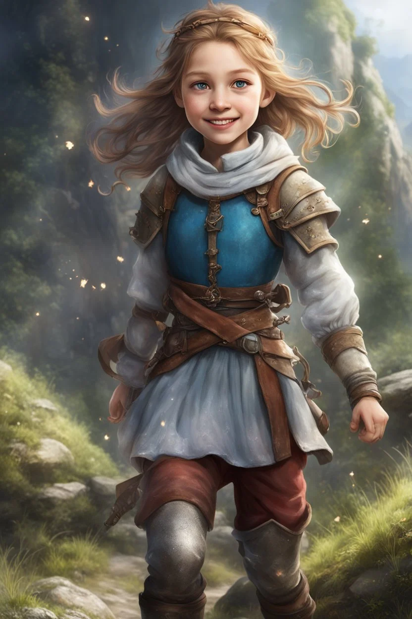 [medieval adventurer girl] With a mischievous sparkle in her eyes and a perpetual smile on her face, Lillen exudes an air of playfulness and boundless curiosity. Her enthusiasm for life is contagious, infusing the group with a sense of wonder and adventure. Lillen's natural athleticism allows her to navigate even the most challenging environments effortlessly, whether scaling towering structures or traversing treacherous landscapes. Dressed in garments that allow for unrestricted movement, Lille