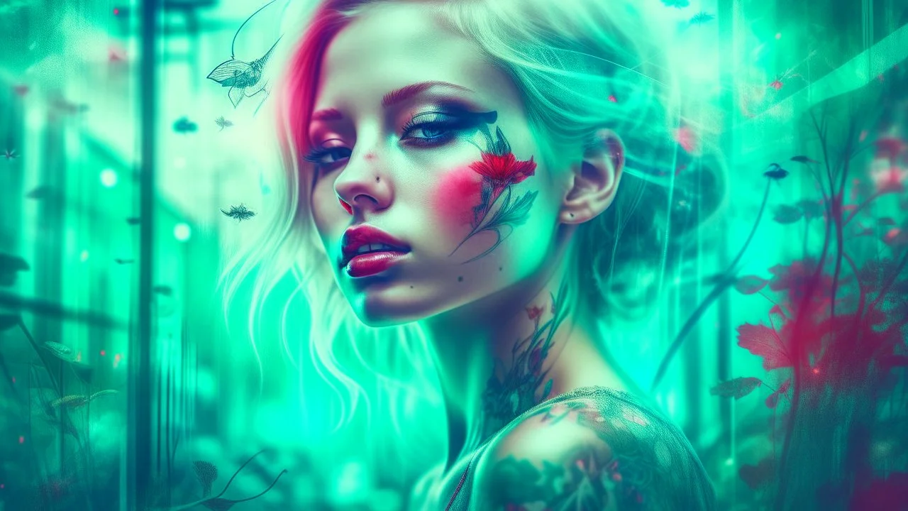 old retro photography, faded vignette, worn and cracked, double exposure, surrealism, blonde humanoid from another world, red lips, half body, greenish blue pale transparent glowing skin, plants growing out of head, tattoo, alien transparent eyes, hyperdetail, double exposure, Anna Razumovskaya, Anna Dittmann, Luis Royo, neo-impressionism, expressionism, oil painting. Vivid, detailed and textured brushstrokes reminiscent of Royo and Peter Coulson. Deep colors and dramatic lighting with cinematic
