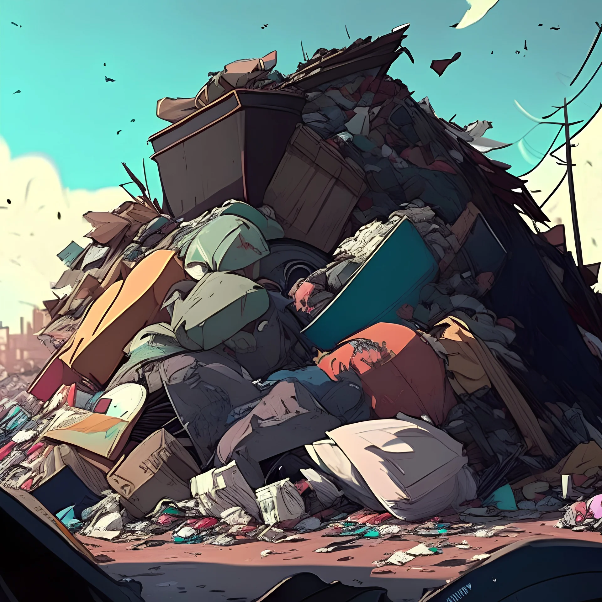 Huge pile of garbage as fare as Eye can see High detail with no people anime style