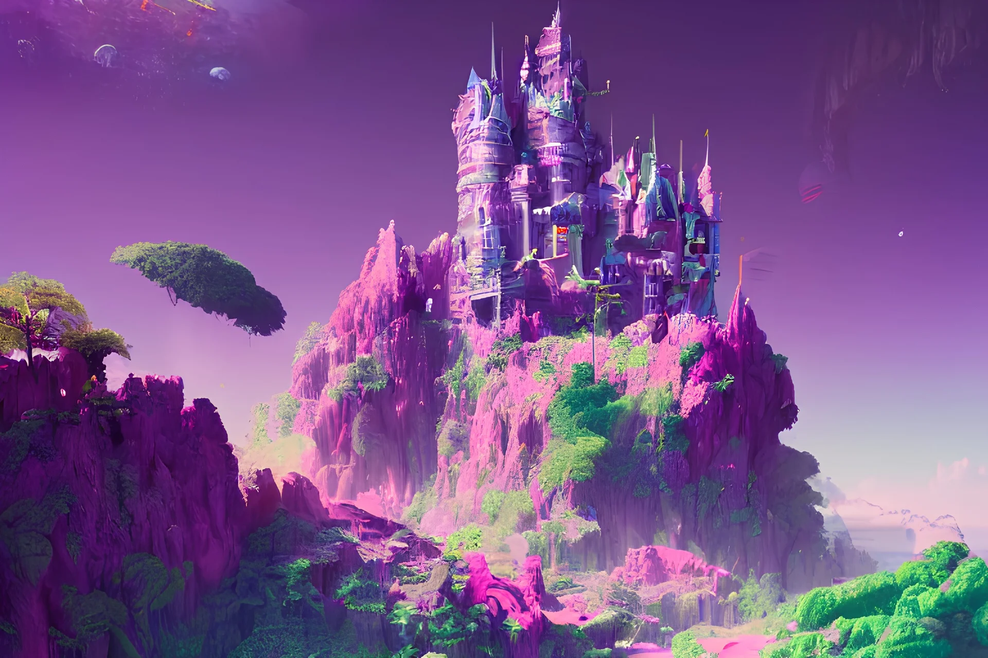 a kingdom, a castle on a purple alien planet. Vibrant colors. intricate artwork by Tooth Wu and wlop and beeple. octane render, hyper realism, 8k