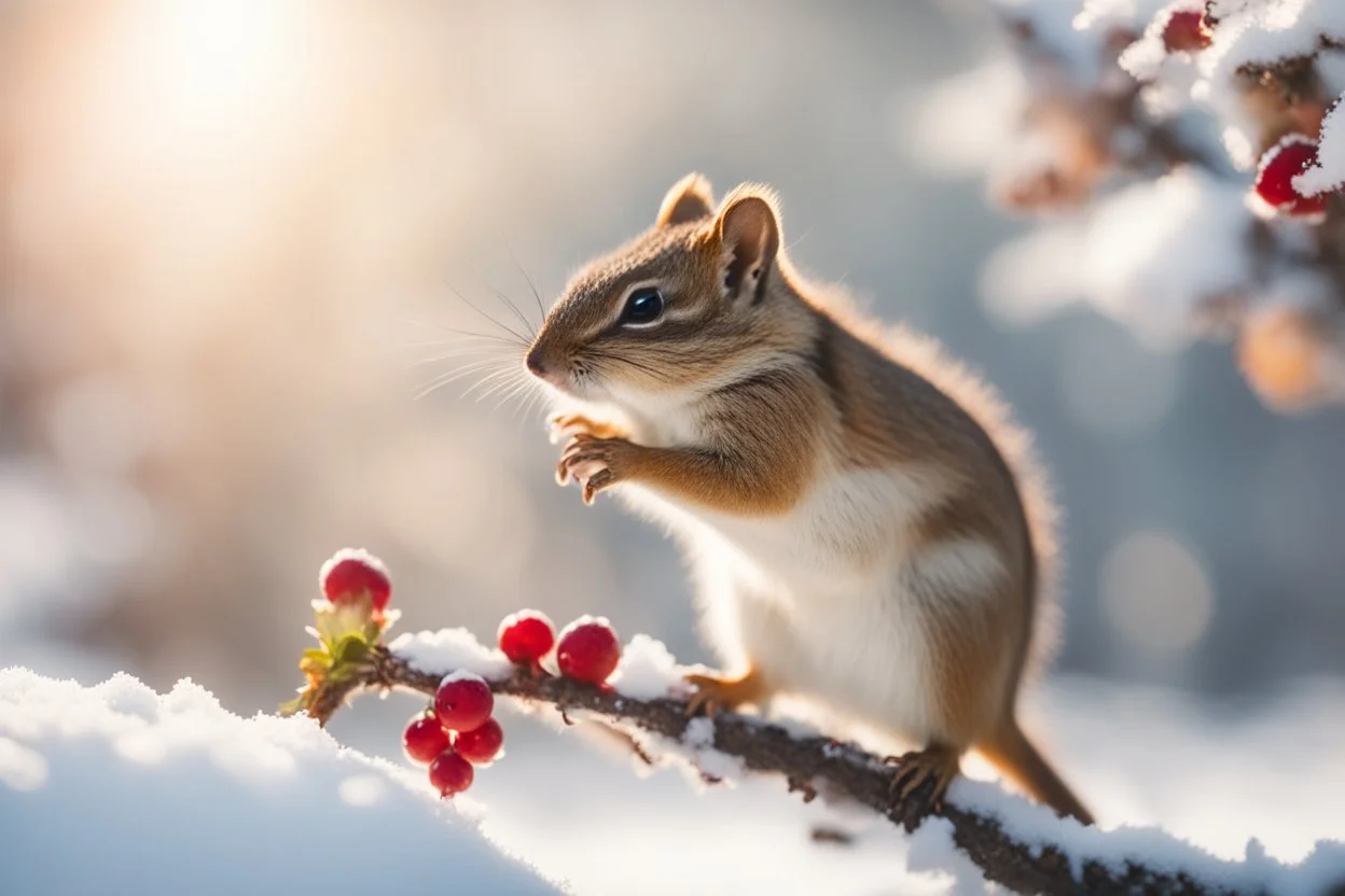 A beautiful little chipmunk catches a berry while standing on a snowy branch in sunshine, ethereal, cinematic postprocessing, bokeh, dof