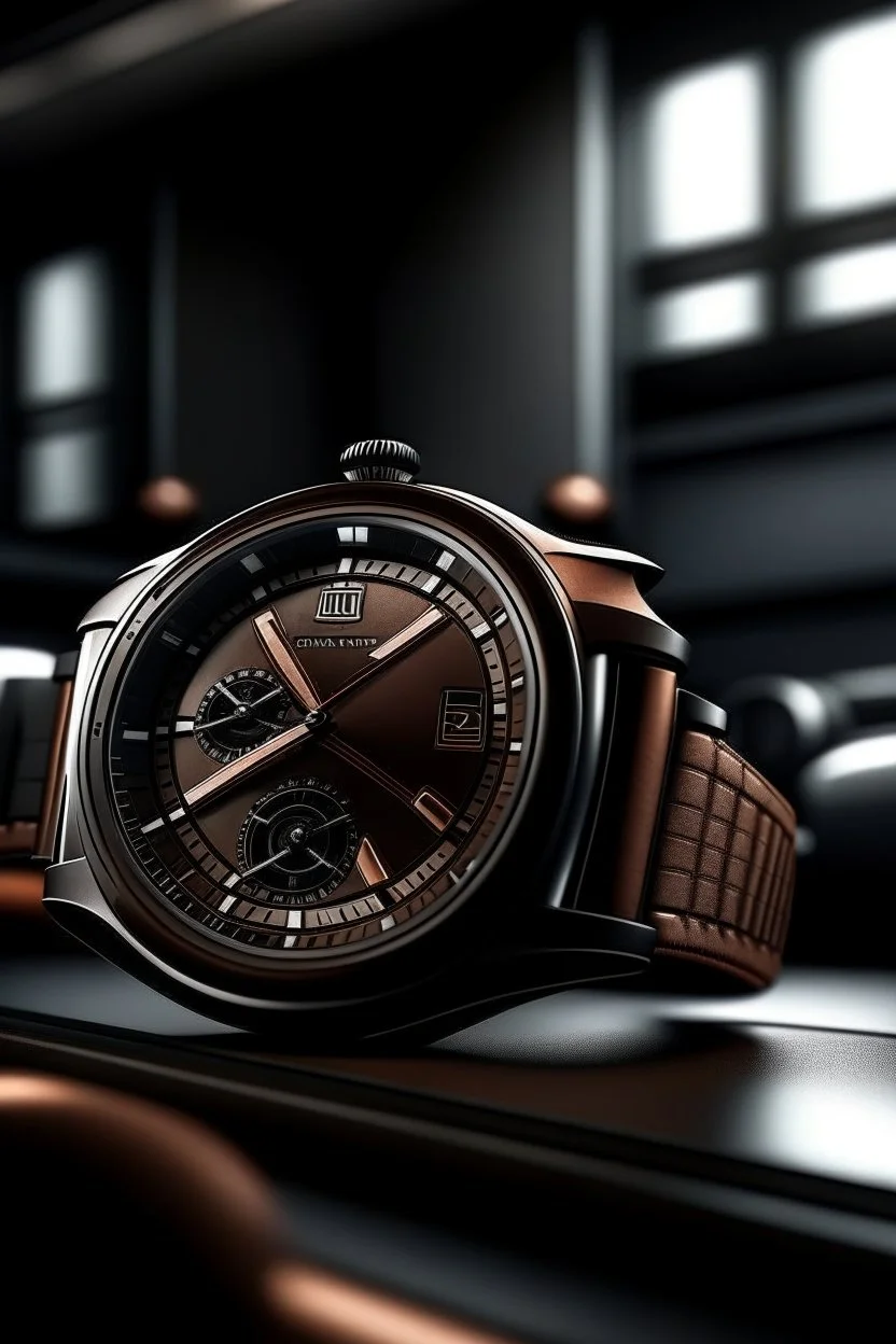 Imagine an Audi watch ad campaign image with a sleek Audi sports car in the background, and the watch, highlighted by soft, diffused light, as the focal point, showcasing the perfect blend of automotive and horological craftsmanship."