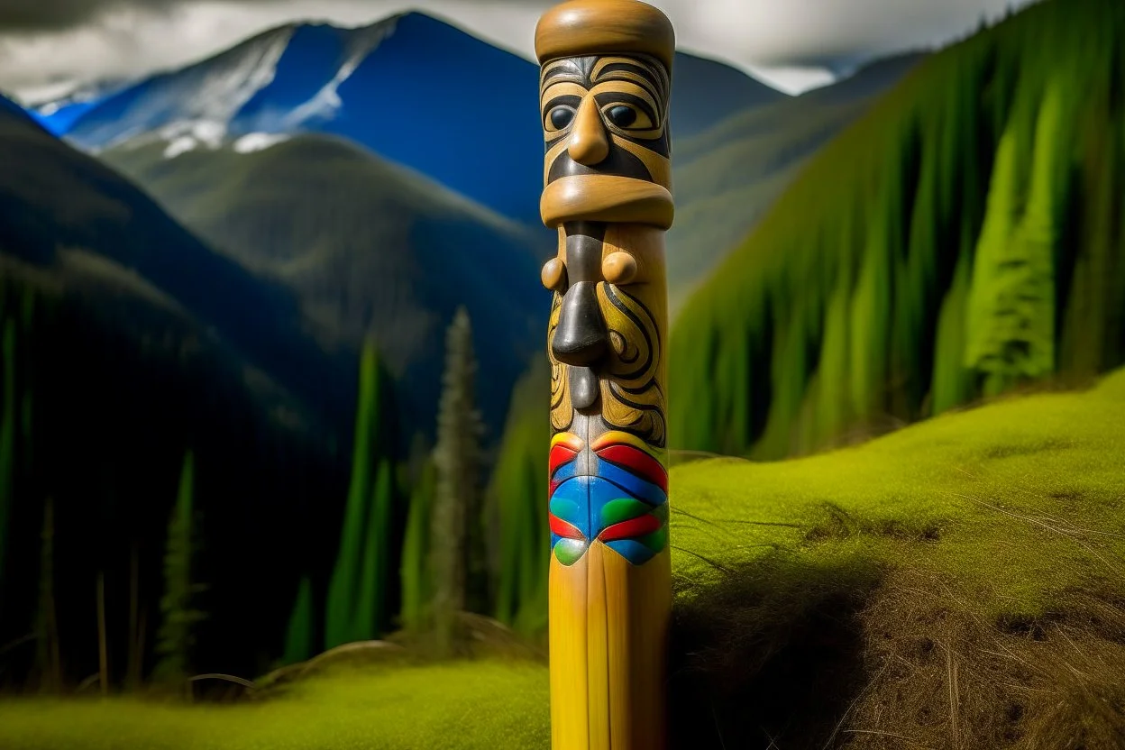 A beige mountain in the clouds with African pan flutes designed in Pacific Northwest totem poles painted by Alexej von Jawlensky