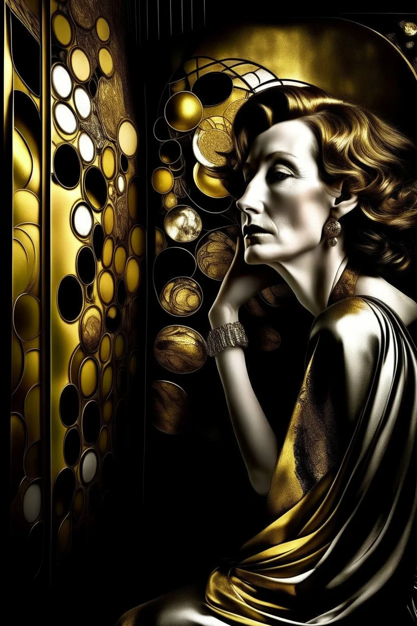 Create a conceptual photograph of a female figure, SALVADOR DALI STYLE MIXED WITH GUSTAV KLIMT STYLE AND TAMARA DE LEMPICKA STYLE, 3/4 SIDE VIEW, SILVER, GOLD, BLACK COLORS in a contemporary setting, incorporating provocative, thought-provoking elements. The image should demonstrate the confidence, strength and vulnerability of the subject. Consider using symbolic objects, abstract shapes, or artistic expressions that convey a strong message. The style and lighting should be modern, avant-garde