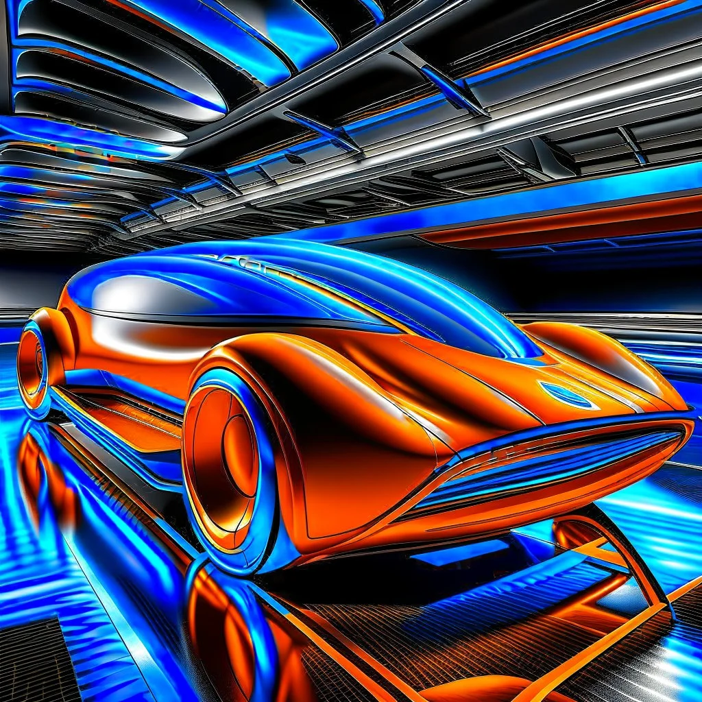 award winning car and driver photograph of a futuristic station wagon designed by only one vehicle per image painted metallic orange traveling at a high rate of speed, jet intake off of front center of vehicle and jet exhaust out the rear with bright blue flame, bilaterally symetrical, more a high speed road vehicle